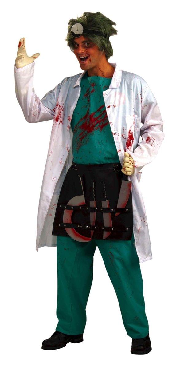 Demented Surgeon Costume Coat,Scrubs & Apron w/Knives Adult