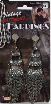 Vintage Hollywood Rhinestone With Dangling Chains Costume Earrings