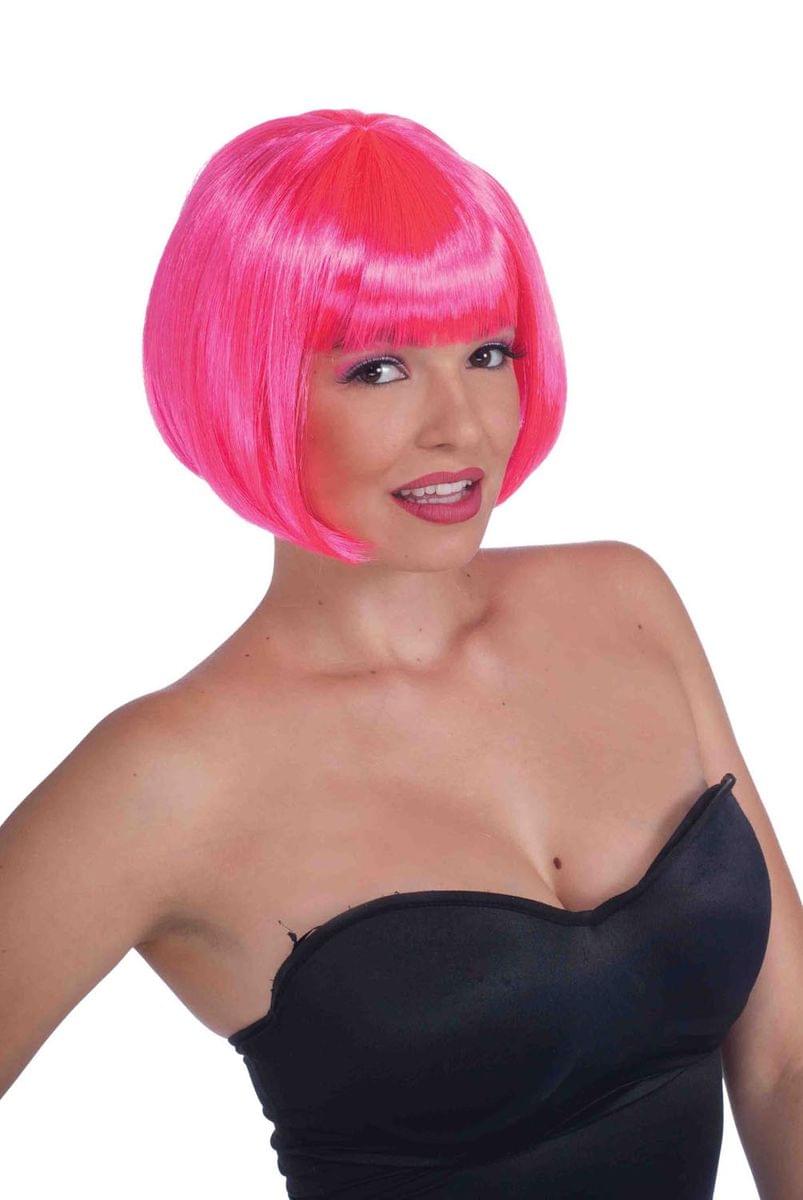 Neon Pink Sassy Bob Adult Costume Wig With Bangs