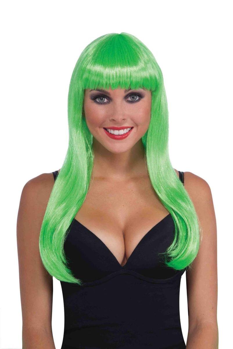 Neon Green Long Sassy Adult Costume Wig With Bangs