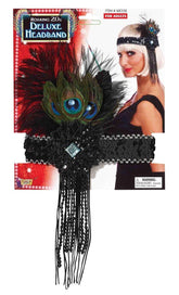 Black Sequin Adult Costume Flapper Headband With Peacock Feather