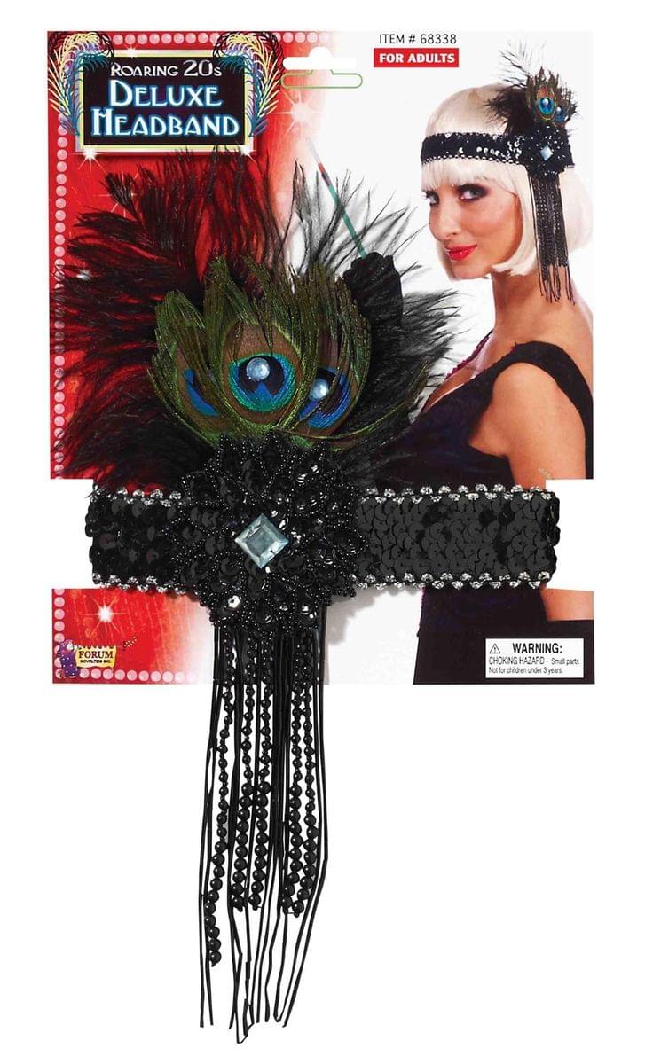 Black Sequin Adult Costume Flapper Headband With Peacock Feather
