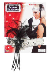 Silver Sequin Adult Costume Flapper Headband With Black Feathers