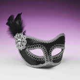 Black And Silver Sequin Costume Fashion Masquerade Mask With Feather