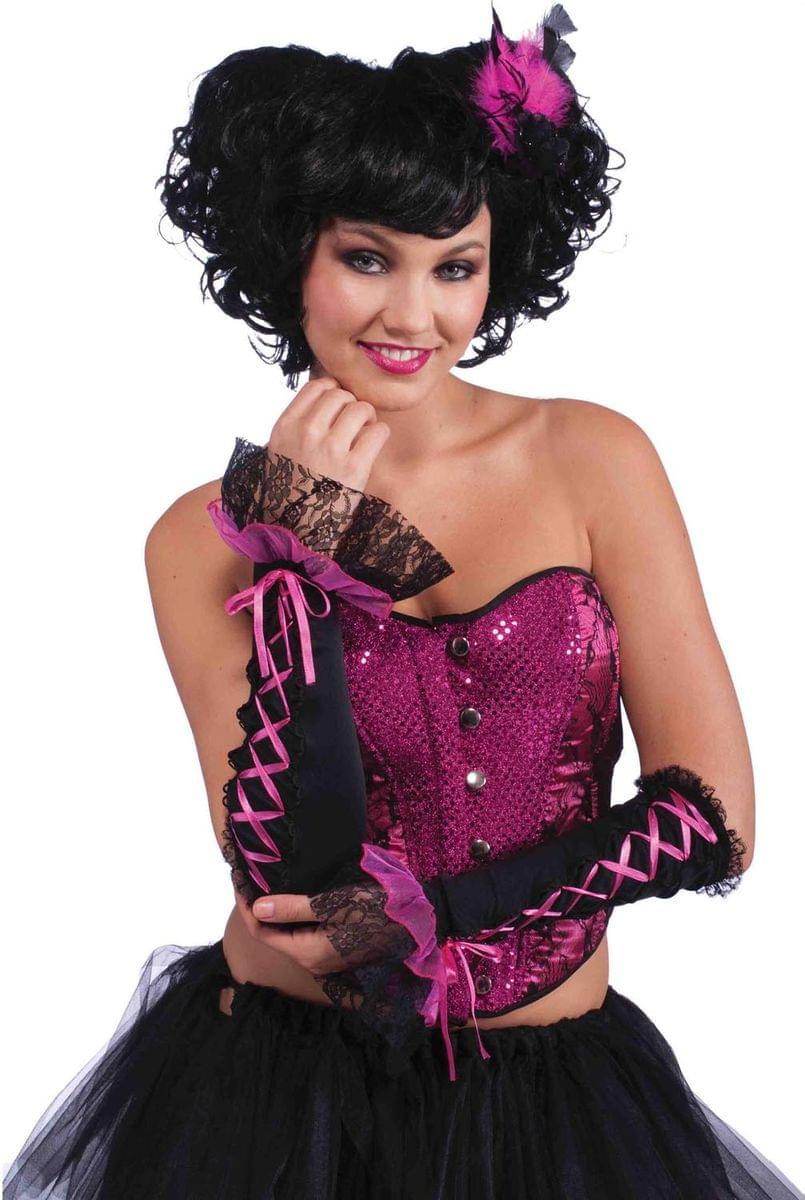 Burlesque Long Black Costume Glovelets With Pink Ribbon