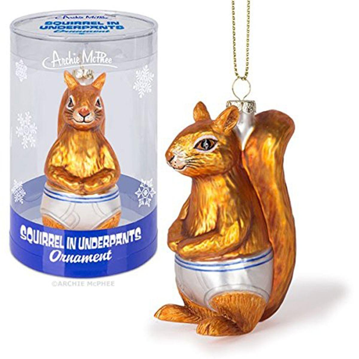 Squirrel In Underpants Glass Holiday Ornament