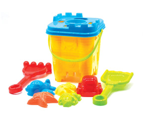 9 Piece Sand Bucket Set | Yellow with Blue Lid