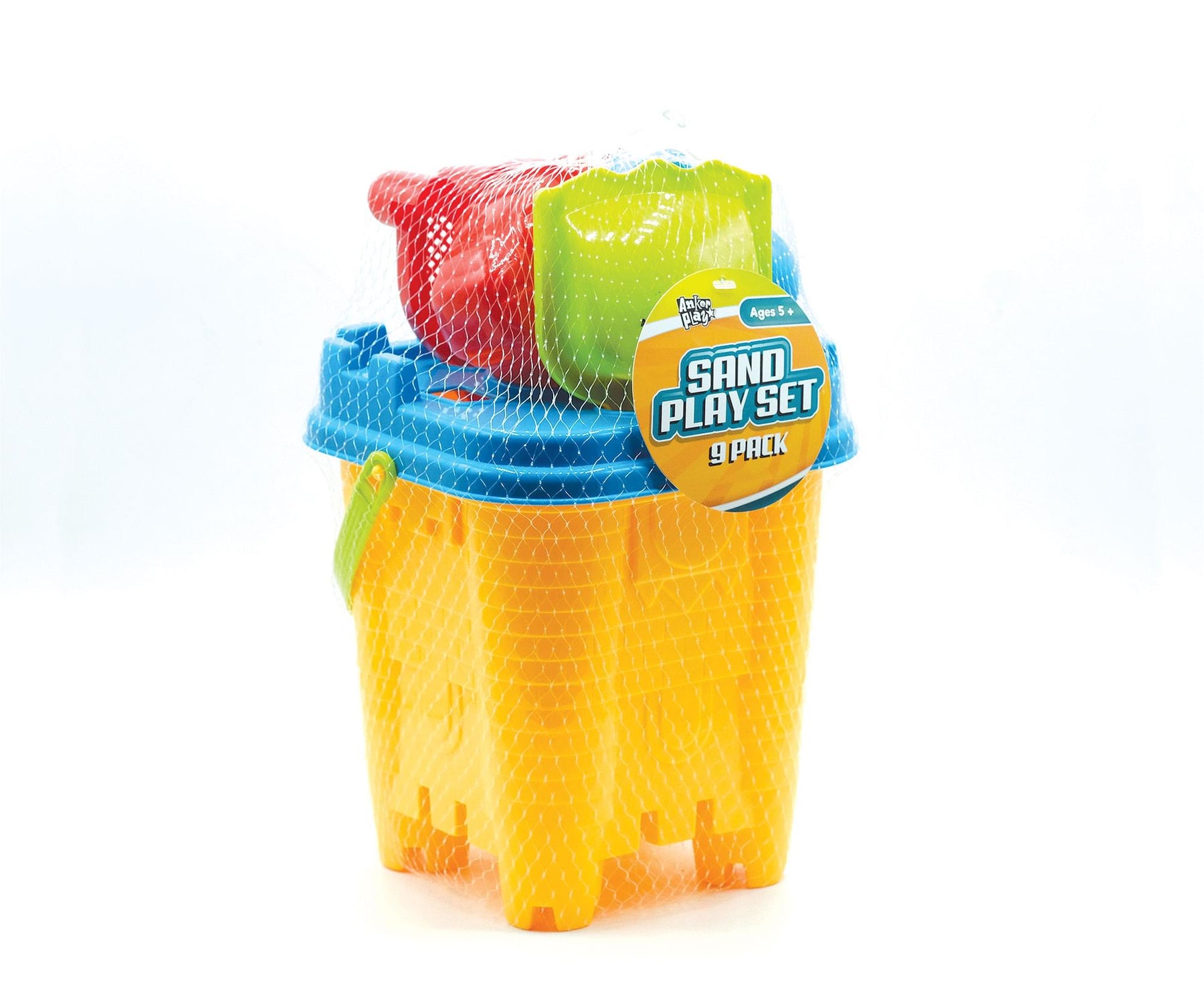 9 Piece Sand Bucket Set | Yellow with Blue Lid