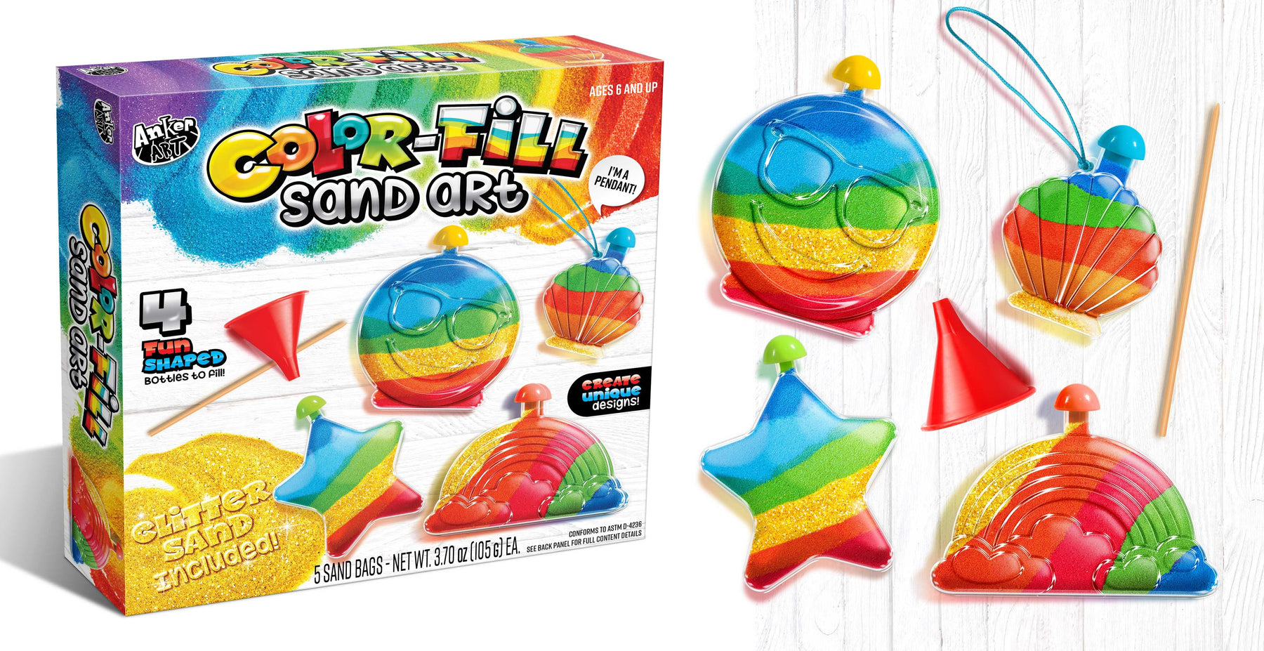 Color Fill Sand Art Kit | 4 Fun Shaped Bottles | 5 Bags of Sand