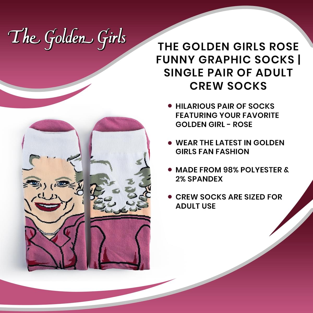 The Golden Girls Rose Funny Graphic Socks | Single Pair Of Adult Crew Socks