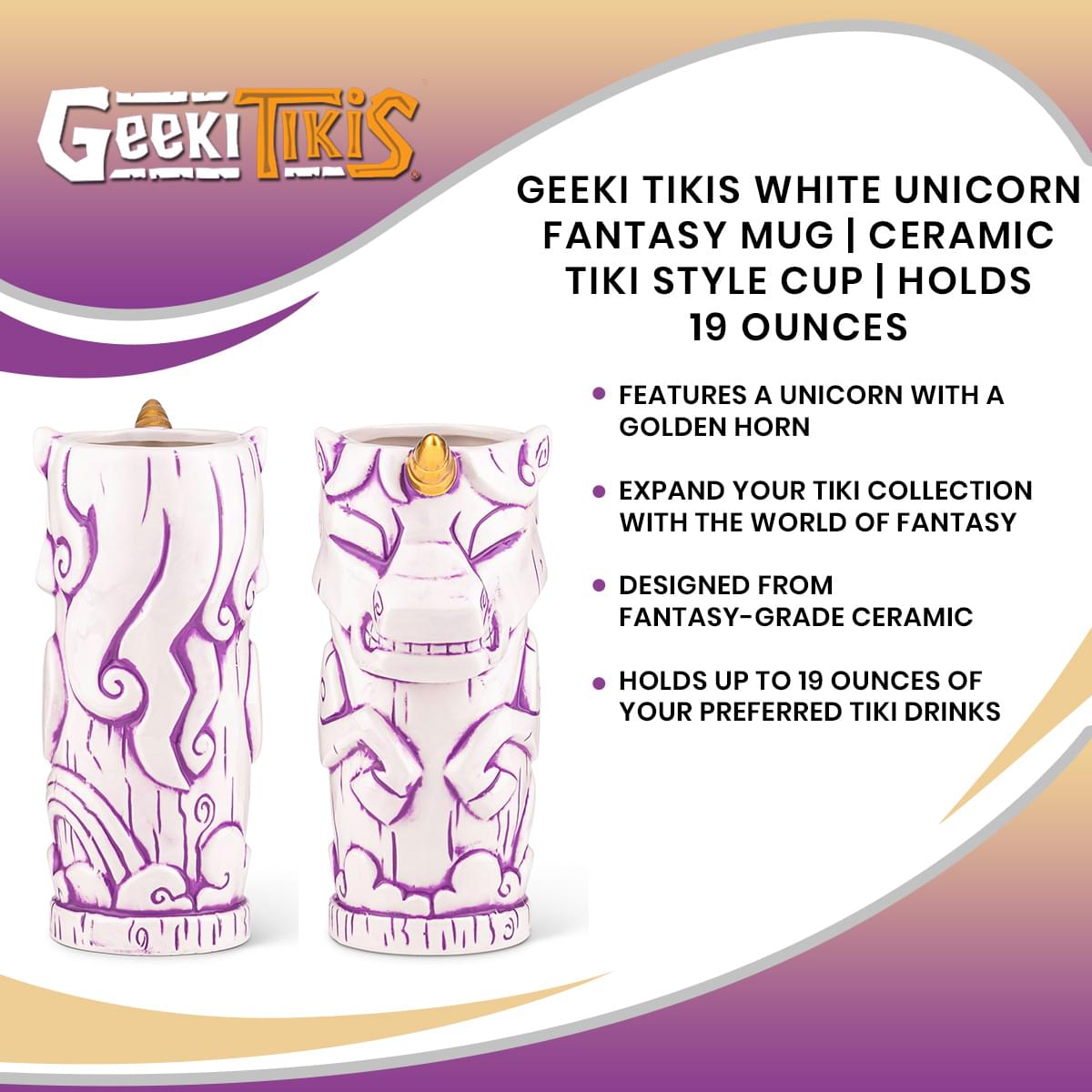 Geeki Tikis White Unicorn Fantasy Mug | Ceramic Tiki Style Cup | Holds 19 Ounces