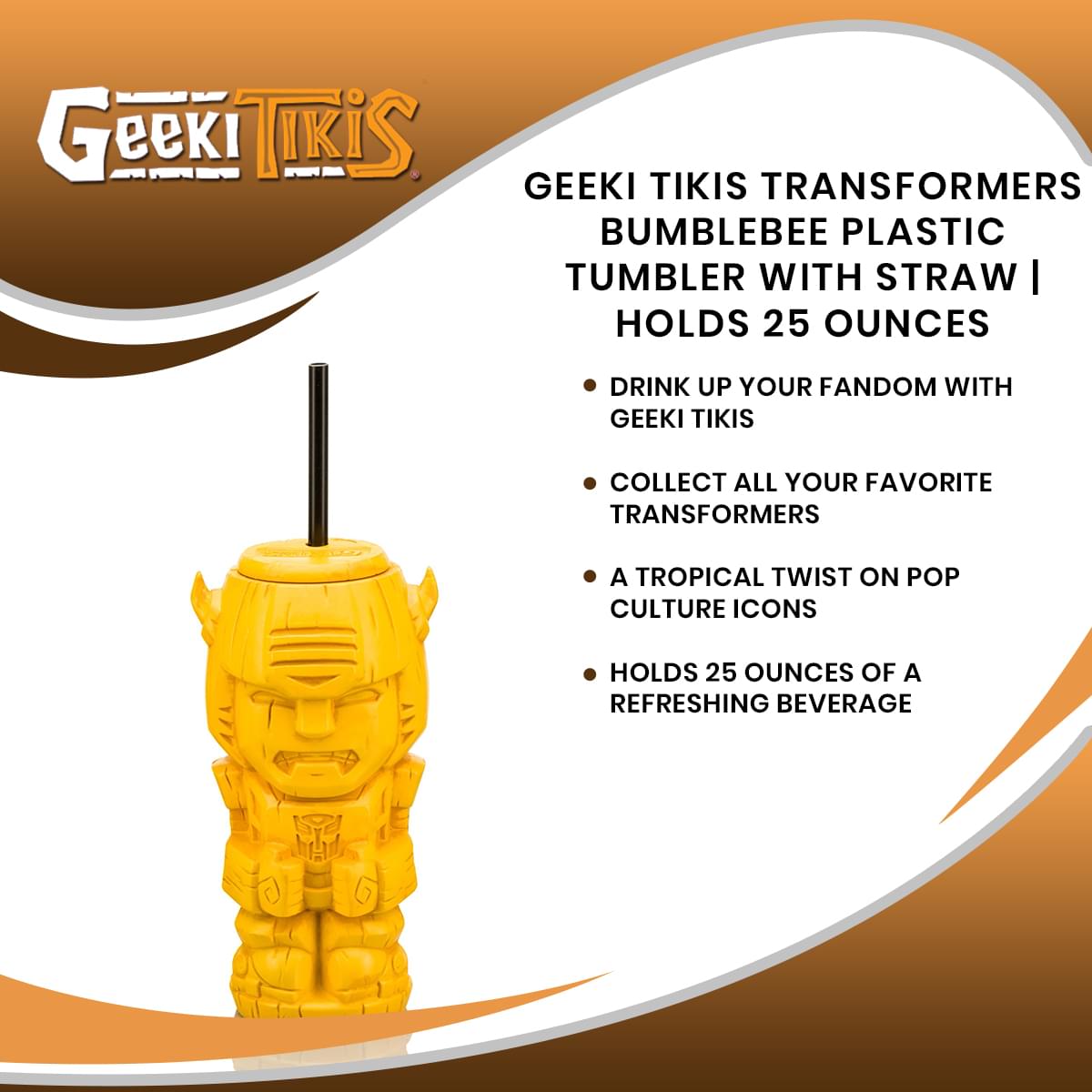 Geeki Tikis Transformers Bumblebee Plastic Tumbler with Straw | Holds 25 Ounces