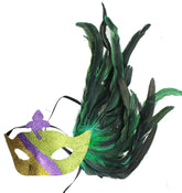 Glitter Eye Venetian Costume Mask w/ Feathers - Style H Green Gold & Purple