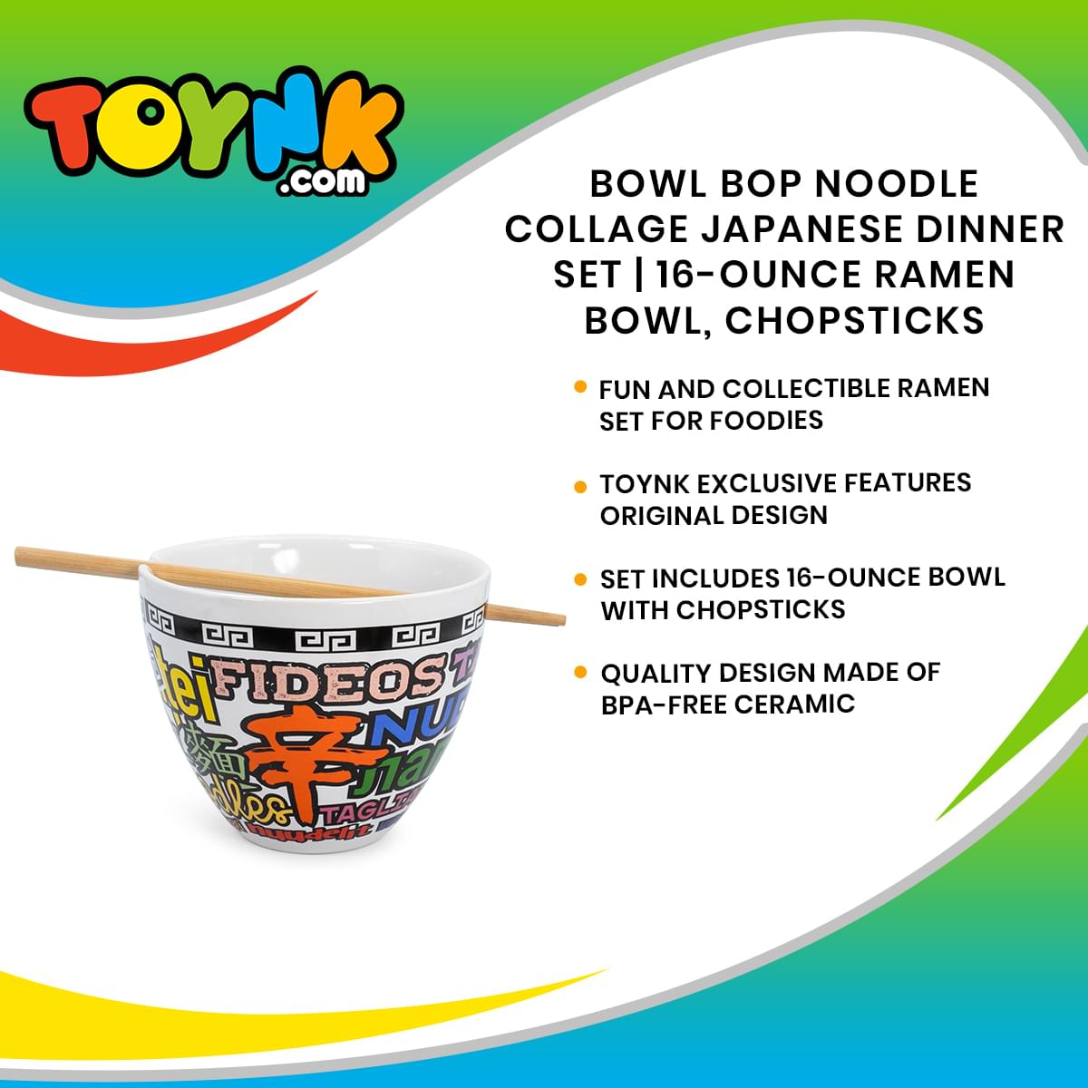 Bowl Bop Noodle Collage Japanese Dinner Set | 16-Ounce Ramen Bowl, Chopsticks