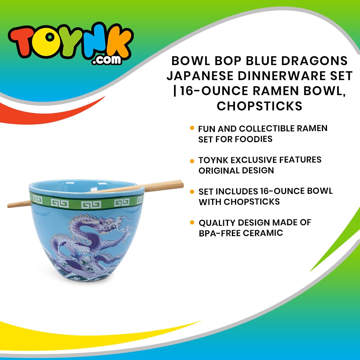 Bowl Bop Blue Dragons Japanese Dinnerware Set | 16-Ounce Ramen Bowl, Chopsticks