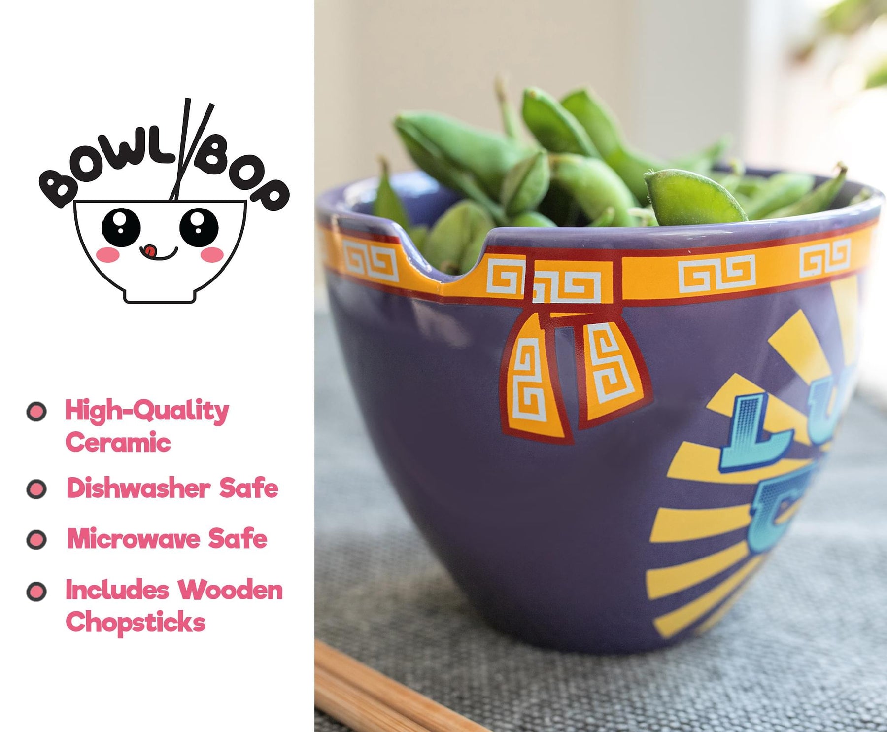 Bowl Bop Purple Lucky Cat Japanese Dinner Set | 16-Ounce Ramen Bowl, Chopsticks