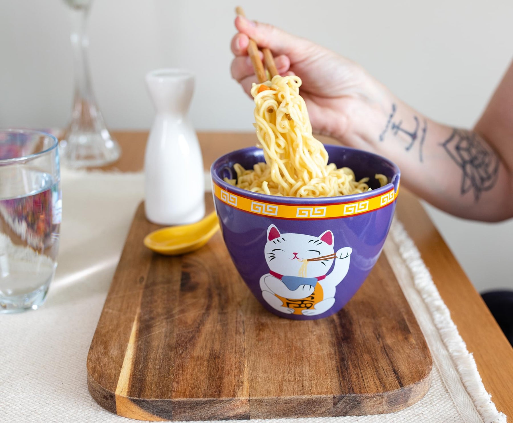 Bowl Bop Purple Lucky Cat Japanese Dinner Set | 16-Ounce Ramen Bowl, Chopsticks