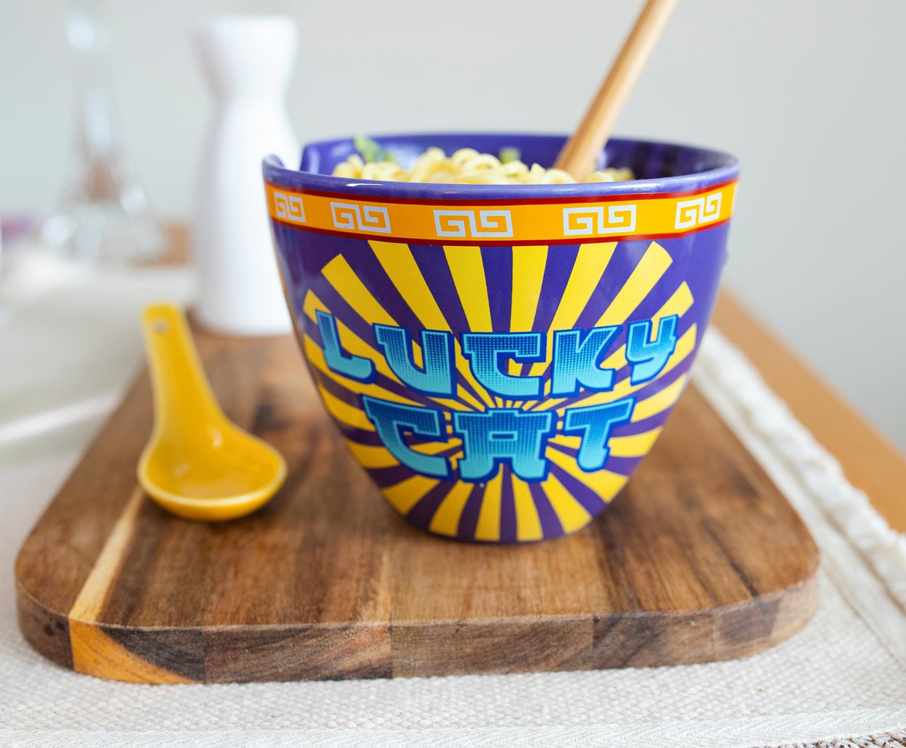 Bowl Bop Purple Lucky Cat Japanese Dinner Set | 16-Ounce Ramen Bowl, Chopsticks