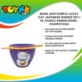 Bowl Bop Purple Lucky Cat Japanese Dinner Set | 16-Ounce Ramen Bowl, Chopsticks