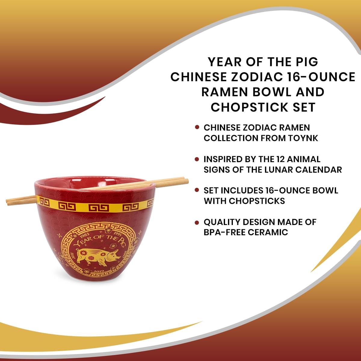 Year Of The Pig Chinese Zodiac 16-Ounce Ramen Bowl and Chopstick Set