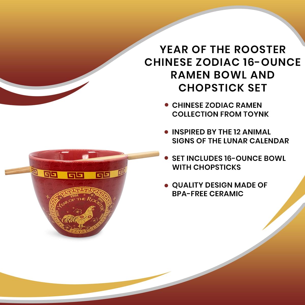 Year Of The Rooster Chinese Zodiac 16-Ounce Ramen Bowl and Chopstick Set