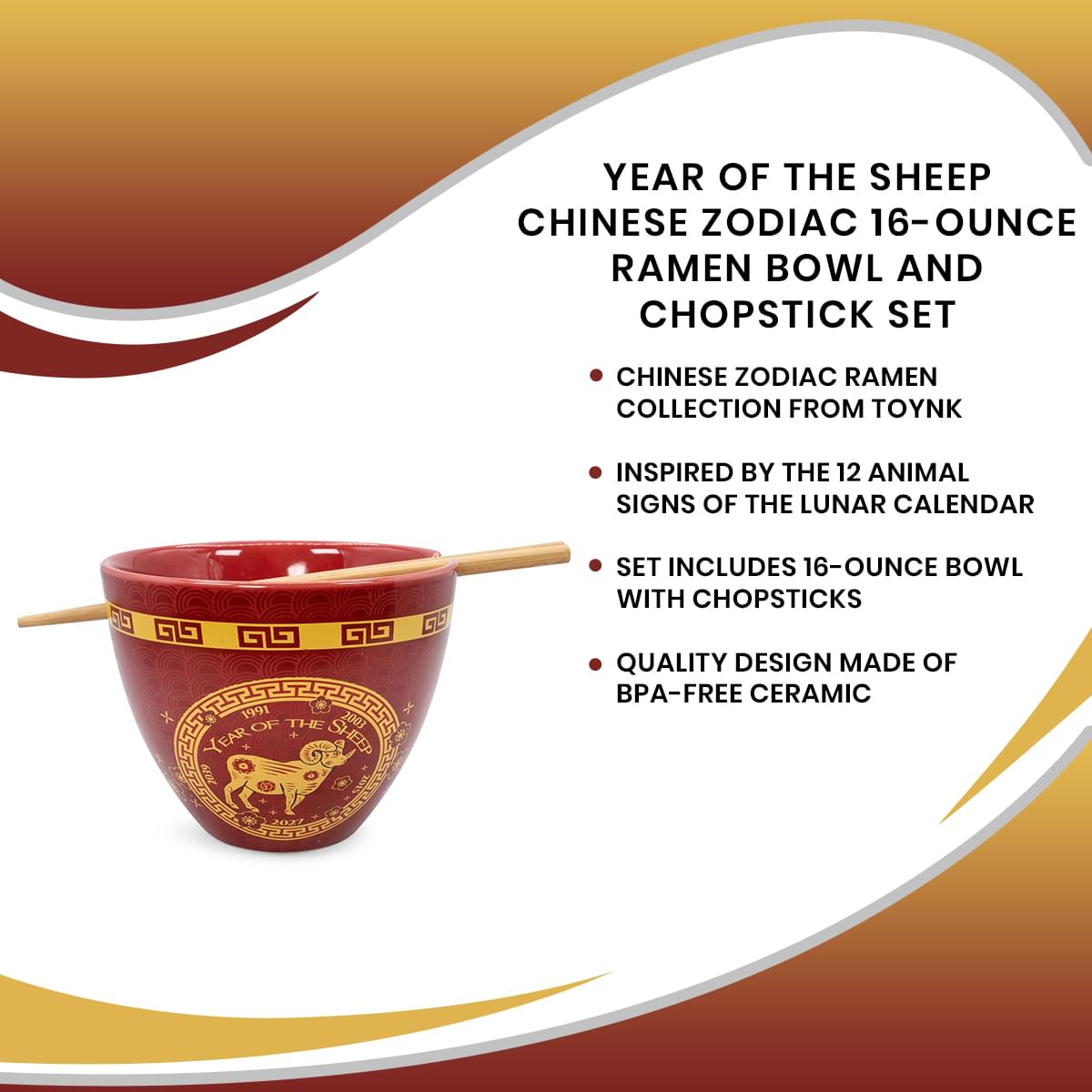 Year Of The Sheep Chinese Zodiac 16-Ounce Ramen Bowl and Chopstick Set