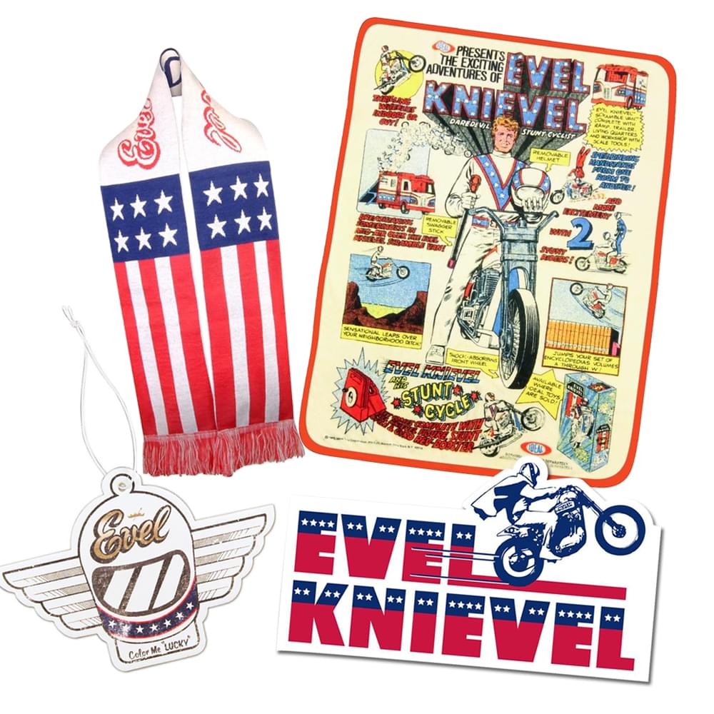 Evel Knievel Accessory Bundle - Blanket/ Sticker/ Air Freshener/ Scarf