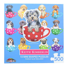 Pups in Cups | 13 Mini Shaped Jigsaw Puzzles | 500 Color Coded Pieces