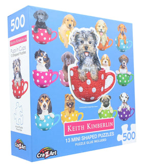Pups in Cups | 13 Mini Shaped Jigsaw Puzzles | 500 Color Coded Pieces