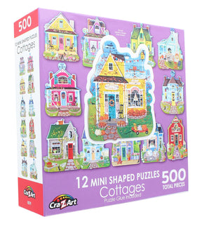Sweet Cottages | 12 Mini Shaped Jigsaw Puzzles | 500 Color Coded Pieces