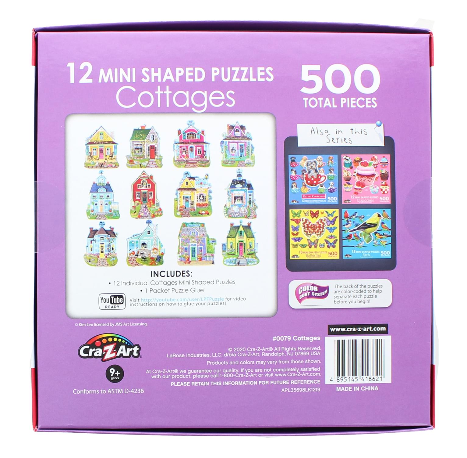 Sweet Cottages | 12 Mini Shaped Jigsaw Puzzles | 500 Color Coded Pieces