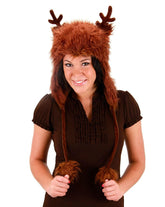 Reindeer Faux Fur Hoodie Brown Adult Costume Hat One Size