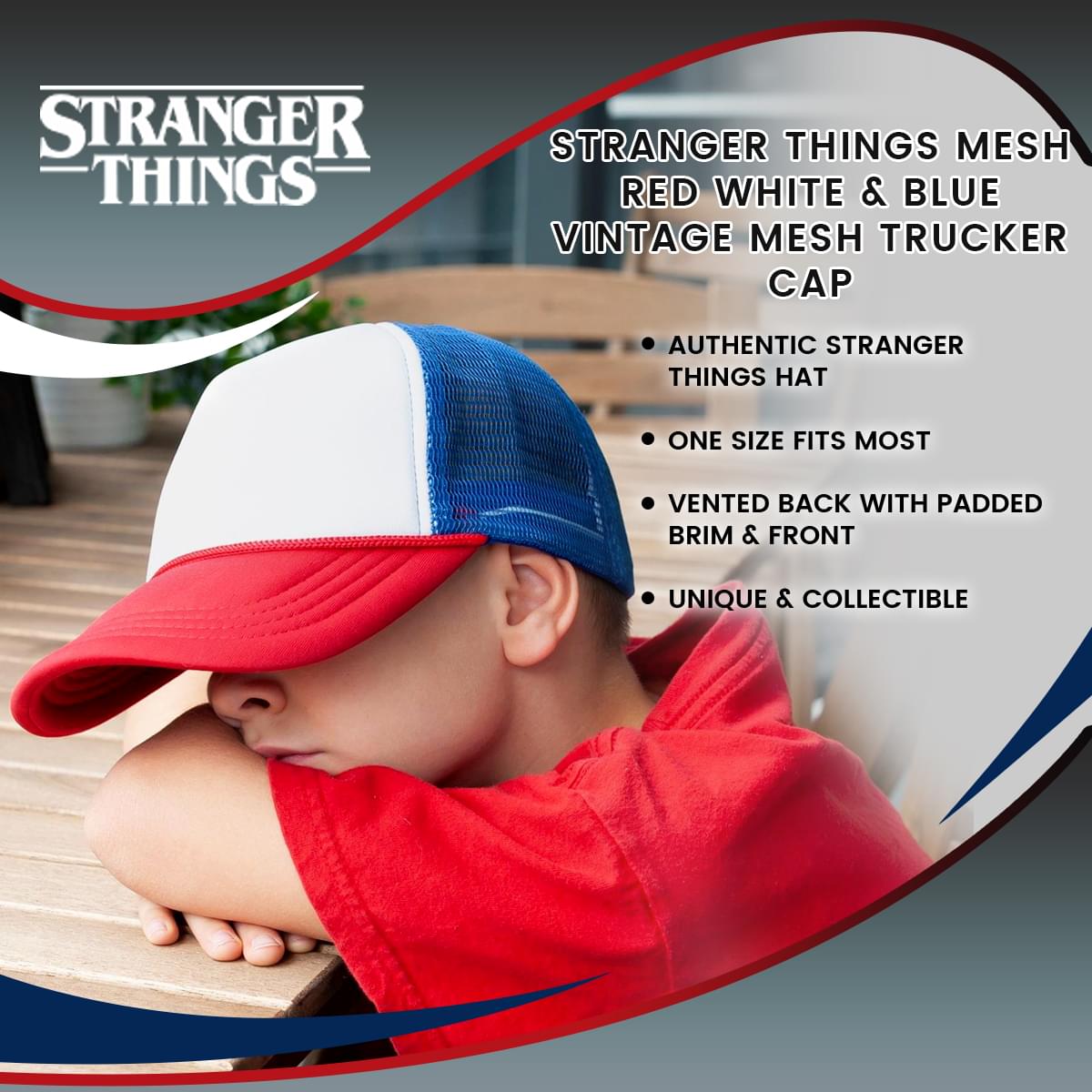 Stranger Things Mesh Red White & Blue Vintage Mesh Trucker Cap