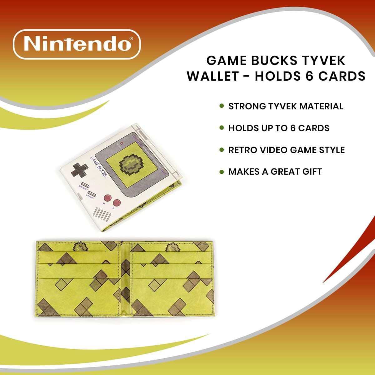 Nintendo Game Boy Inspired "Game Bucks" Tyvek Wallet | Holds 6 Cards