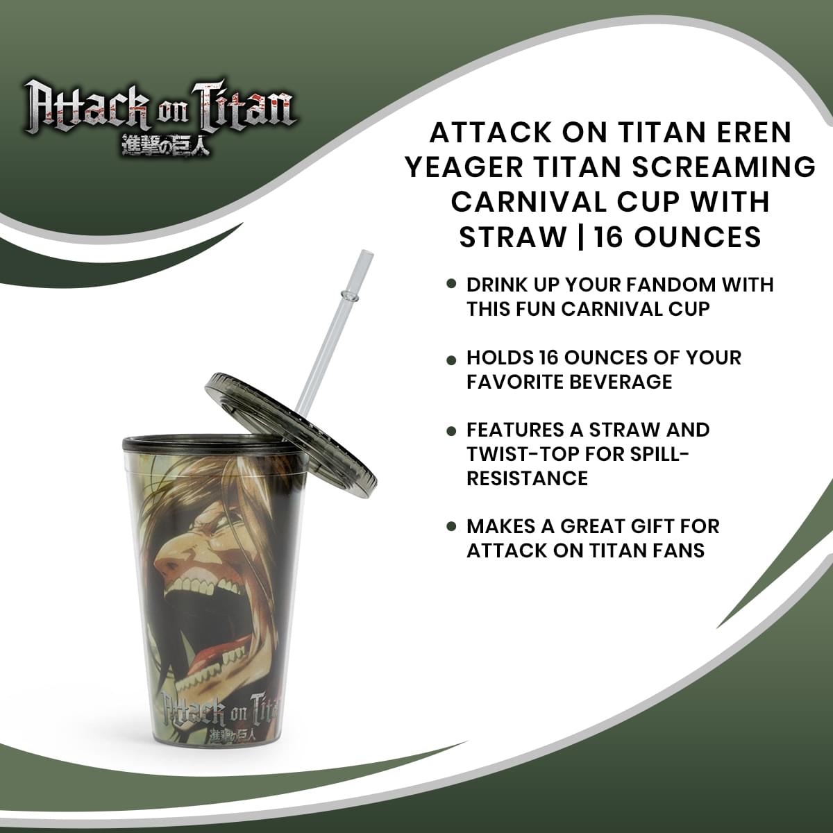 Attack On Titan Eren Yeager Titan Screaming Carnival Cup With Straw | 16 Ounces