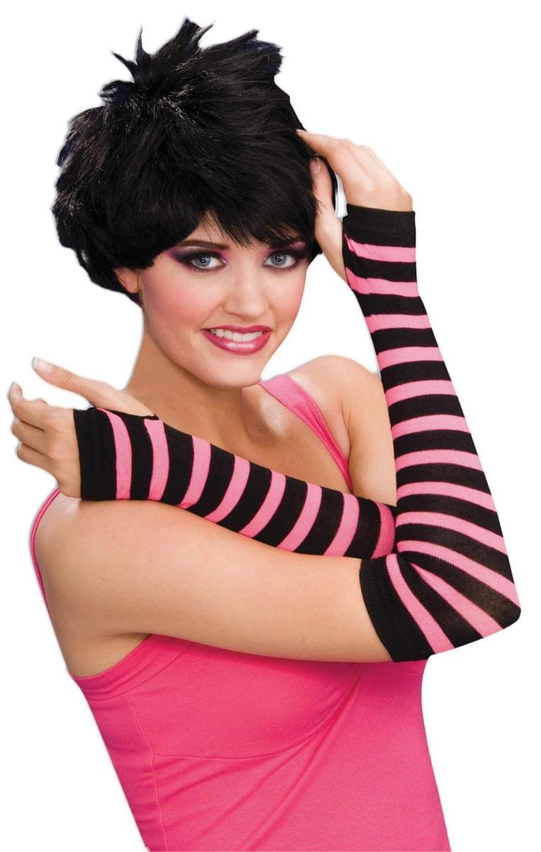 Fingerless Gloves Striped Black And Pink Costume Accessory