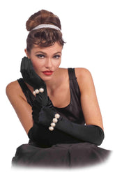 Vintage Hollywood Long Black Adult Costume Gloves With Pearl Bracelet