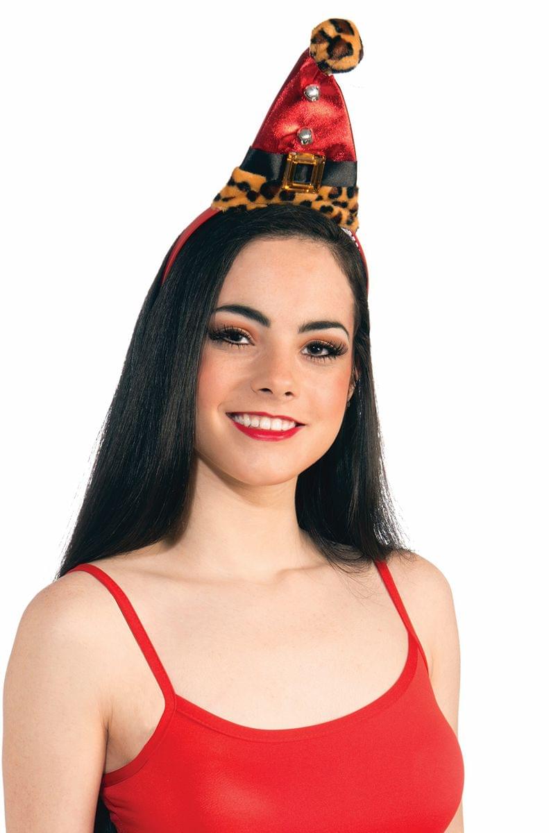 Leopard Santa Hat Headband w/ Jingle Bells Adult Costume Accessory