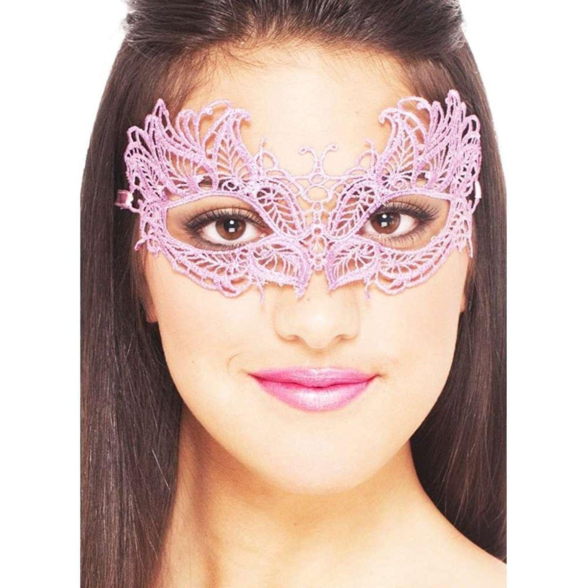 Pink Masquerade Lace Mask W/ Ribbon Ties Costume Accessory
