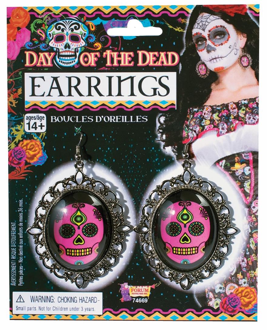 Day Of The Dead Skull Pink Costume Earrings
