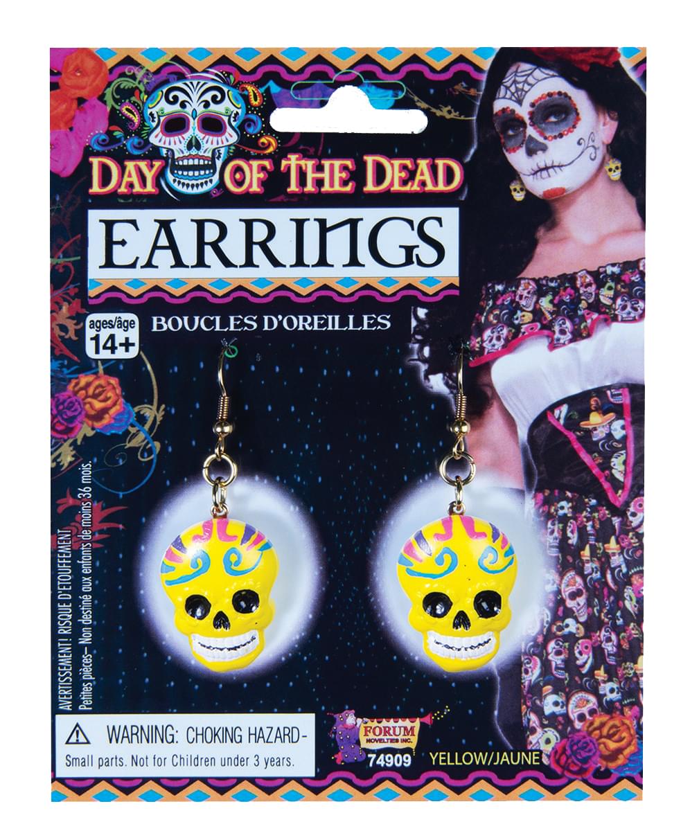 Day Of The Dead Yellow Skull Costume Earrings