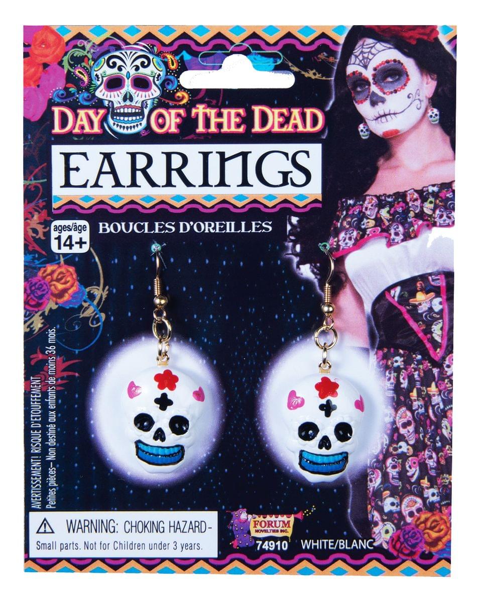 Day Of The Dead White Skull Costume Earrings
