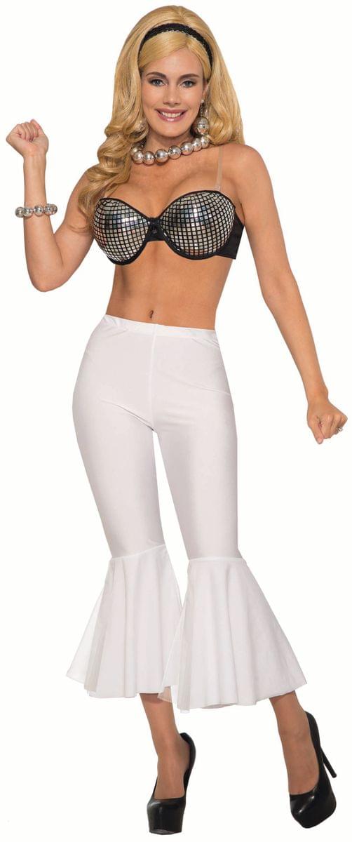 Disco Women's Crop Bell Bottom Costume Pants, White, One Size