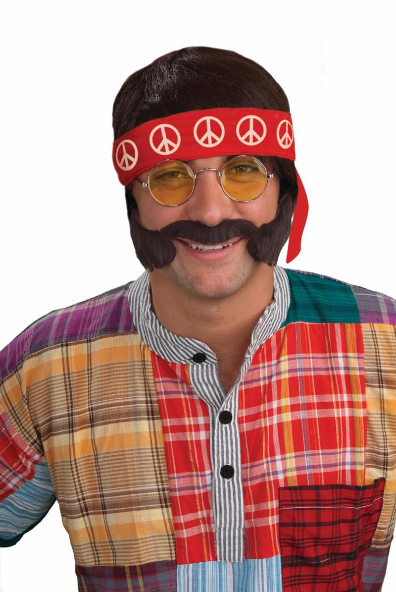 60's70's Hippie Adult Costume  Wig Headband Glass Moustache&Side Burn