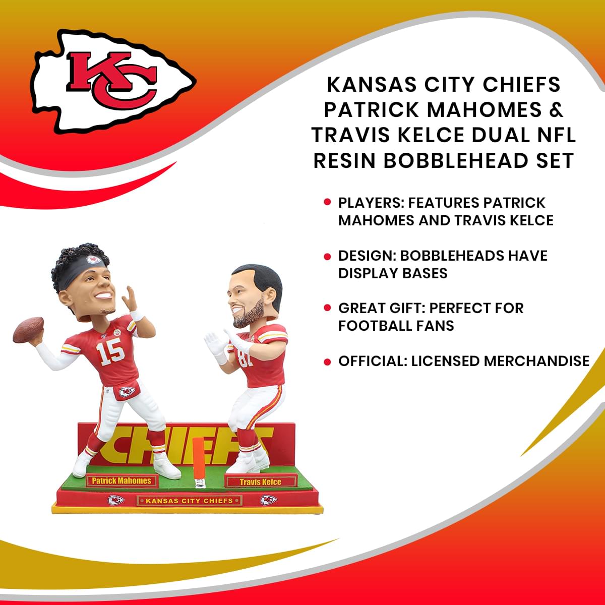 Kansas City Chiefs Patrick Mahomes & Travis Kelce Dual NFL Resin Bobblehead Set