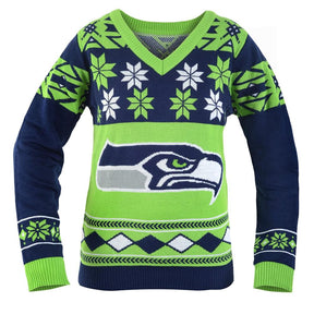 Seattle Seahawks NFL Women's Big Logo V-Neck Ugly Christmas Sweater