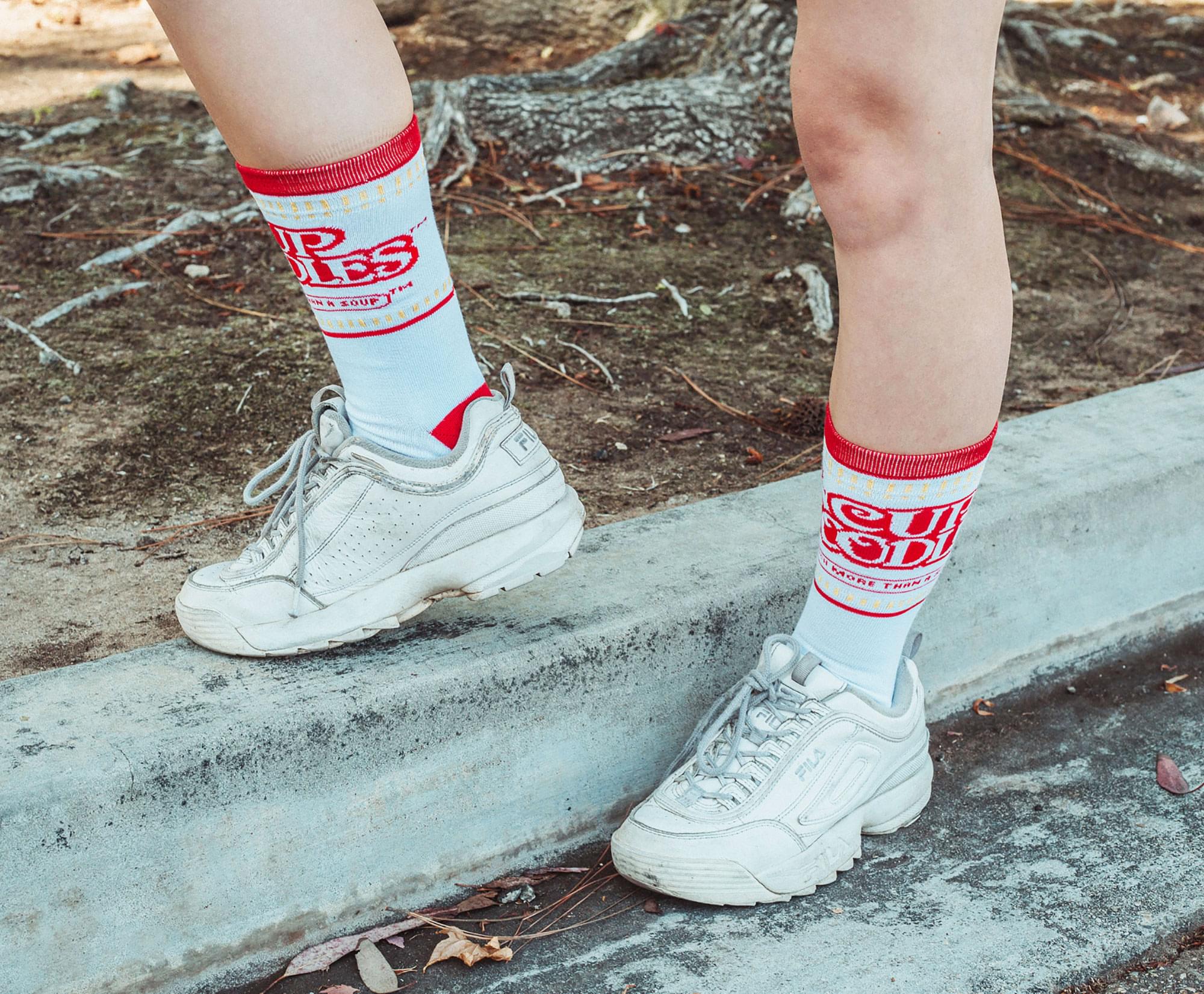 Cup Noodles White Knit Unisex Crew Socks | Shoe Size 8-12, Sock Size 10-13