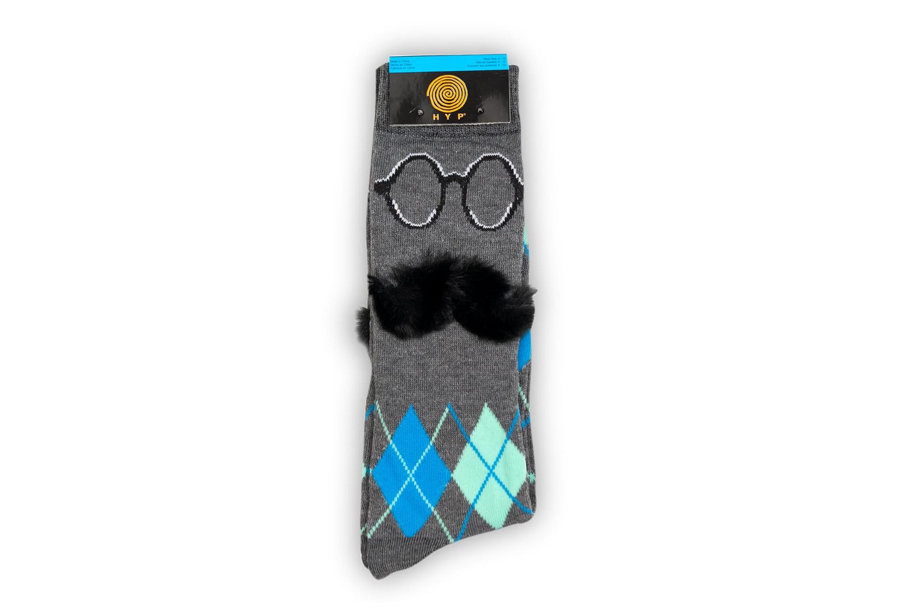 Charcoal Argyle with 3D Mustache Design Men's Novelty Crew Socks - 1 Pair