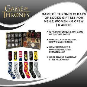 Game of Thrones 12 Days of Socks Gift Set for Men & Women - 6 Crew | 6 Ankle