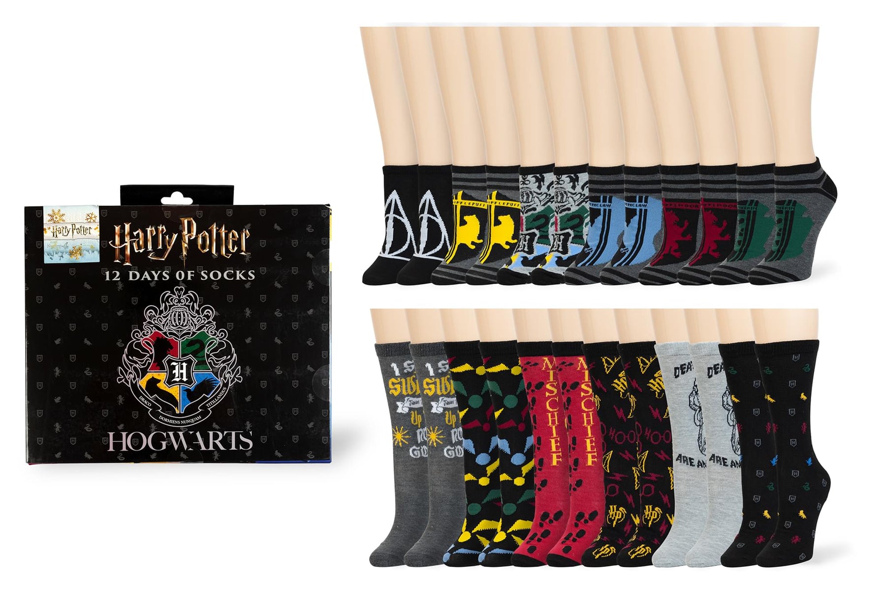 Harry Potter 12 Days of Socks Gift Set for Men & Women - 6 Crew | 6 Ankle